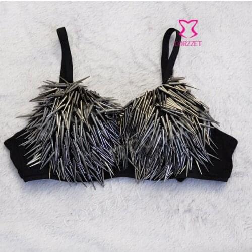Black/Silver/Grey/Gold 4 Colors Women Push Up Sexy Punk Goth Metallic Long Spike Rivet Stud Bra Bralet Clubwear For Dance Party