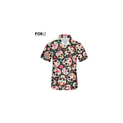 FORUDESIGNS Sugar Skull Pattern Fashion Summer Mens Shrits Beach Shirt Male Button Short Sleeve Shirt Loose Mans New Style Top