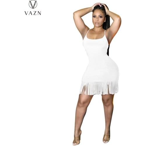 VAZN 2021 New Fashion Hot Sale Women Sexy Girl Style Short Dresses Sleeveless Tassel Dresses Pure Color Mini Short Dresses