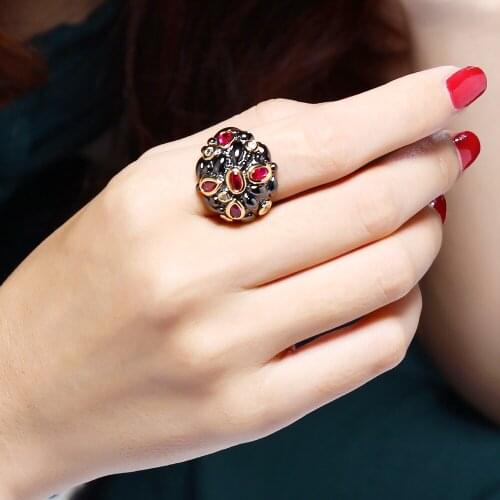 Beautiful Model And Reliable Quality womens jewelry Pave High grade Red Cubic Zirconia crystal New Vintage Two Band Black Rings