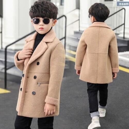 Fashion 2021 Kids Boys Woolen Jacket Coats High Quality Boys Autumn Winter Plus Thick Velvet Outerwear 2 Colors For 2T-12Yrs