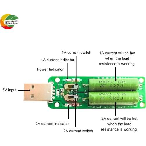 Ziqqucu USB Port Mini Discharge Load Resistor Digital Current Voltage Meter Tester 2A 1A With Switch 1A Green Led 2A Red Led