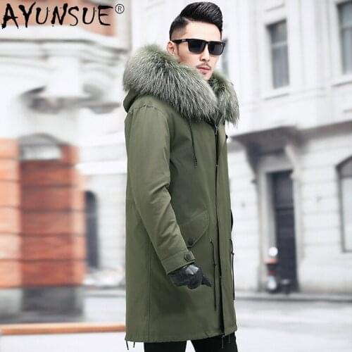 AYUNSUE Mens Clothing 2020 Winter Jacket Men Real Rex Rabbit Fur Jackets 100% Raccoon Fur Collar Parka Erkekler Ceket LXR828