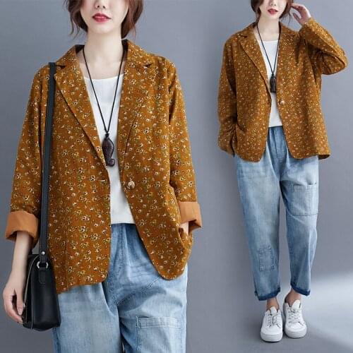 Coat Women Vintage Cotton Linen Autumn New Slim Loose Long-Sleeve Printed Cardigans Plus Size Women Top