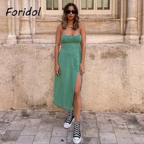 Foridol Cotton Linen Button Green Dress Sundress Women Spaghetti Strap Slit Maxi Dress Green Beach Sleeveless Dress Vestidos