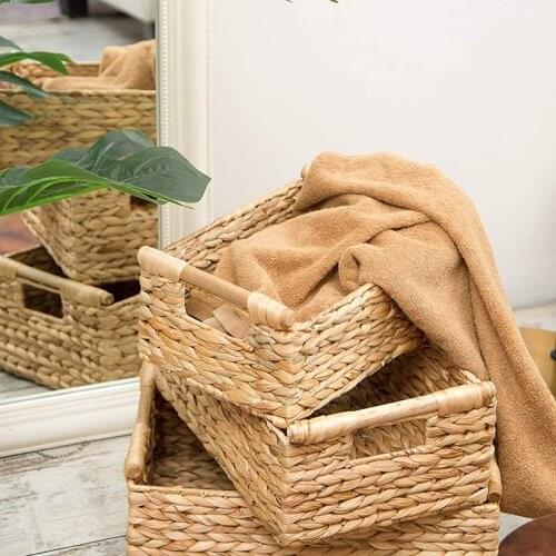 Practical Wicker Baskets for Organizing Bathroom, Hyacinth with Wooden Handle