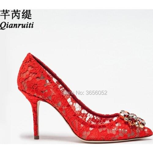 Qianruiti Diamond Studded Clear Crystal Pumps Pointed Toe Stilettos Bride Wedding Shoes Lace High Heels Black Red White Yellow
