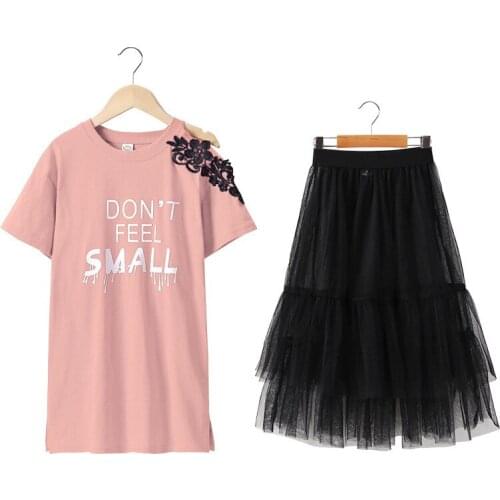 Retail Female children summer suit new girl short-sleeved Lace strapless letter t-shirt + lace skirt dress suits 2pcs