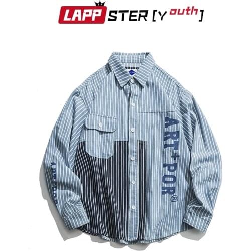 LAPPSTER Men Harajuku Striped Denim Shirts 2020 Streetwear Korean Vintage Casual Long Sleeve Hip Hop Designer Blue Jeans Shirts