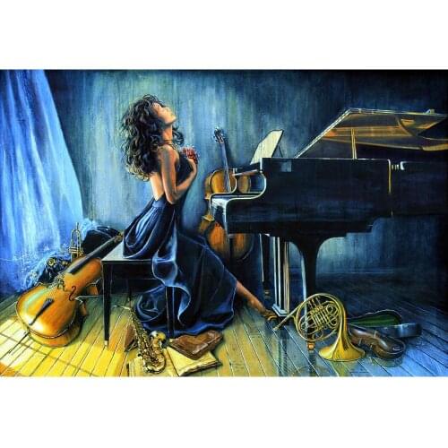 Hand painted Modern oil paintings girl playing piano Musical Instruments Painting canvas wall art for home decoration