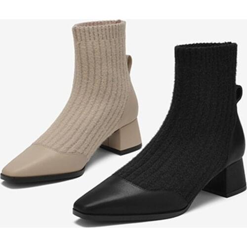 Chic Pointed toe knitting sock boots women slip on slim mid-calf botte winter short stretch botas weaving chelaes botines mujer