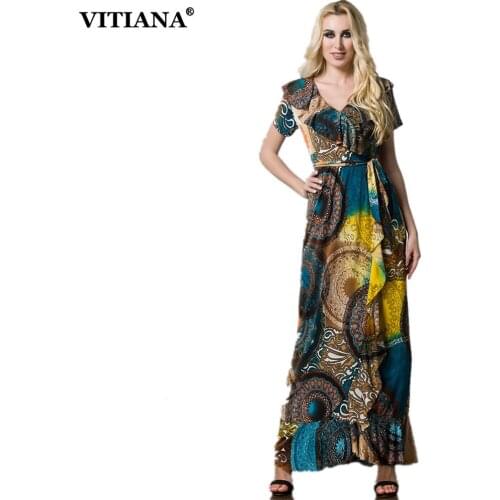 VITIANA 2017 Women Summer Elegant Colorful Print Beach Dress Ruffles Short sleeve Maxi Long Party Dresses Plus Size 6XL 7XL