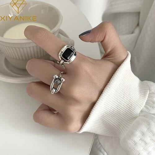 XIYANIKE 925 Sterling Silver Retro U-shape Black Zircon Chain Ring For Women Fashion Jewelry Party Accessories Couple Wholesale