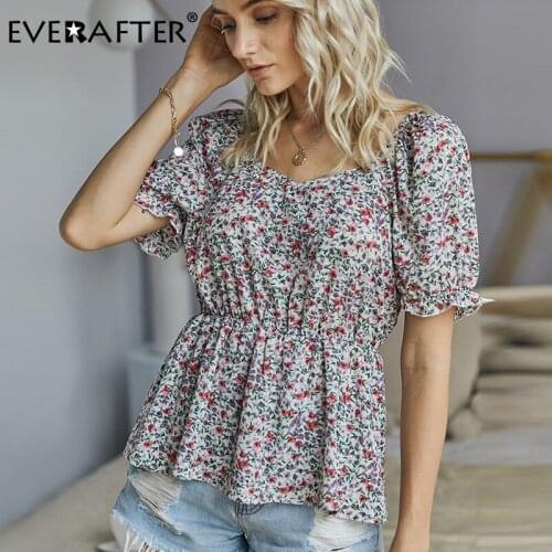 EVERAFTER V-neck floral boho blouse women ruffles elastic waist short sleeve vintage blouse shirt Summer holiday beach blouses