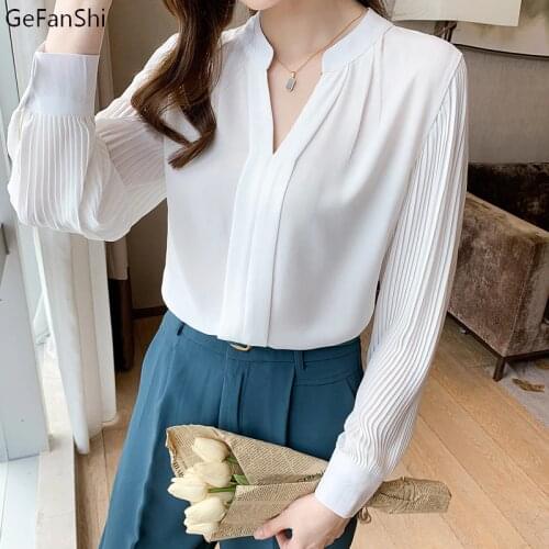 Women Autumn New Long Sleeve Chiffon Shirt Tops Elegant V-neck Office Lady Shirts White Solid Brief Cute Formal Blouse