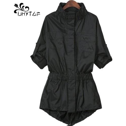 UHYTGF Trench Coat For Women Spring 4XL Plus size clothing Thin Autumn Windbreaker Female Waist Slim Fashion Turtleneck Top X14