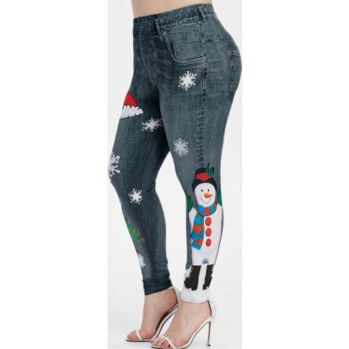 Faux Jeans Womens High Waist Leggings Girl Winter Legging Bottoms Snowflake Christmas Print Fitness Female Stretch Pocket Pants