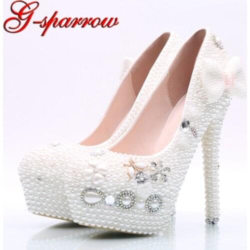 Handmade Women High Heel Shoes White Pearl Wedding Party Shoes with Bowtie Nightclub Rhinestone Prom Pumps Bridal Shoes