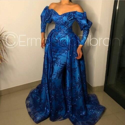 Royal Blue Evening Dresses with Detachable Train Long Sleeve Mermaid Prom Dress Party Wear Sweep Train Robes De Soirée