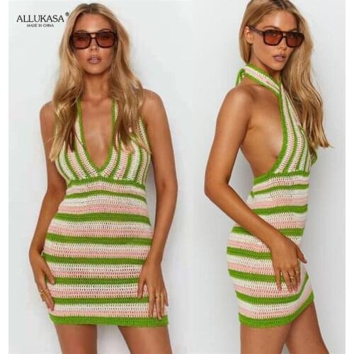 2021 Hot Summer Knit Backless Dress Women Beach Holiday Partywear Sexy Halter Bodycon Slim V-Neck Sleeveless Mini Dresses