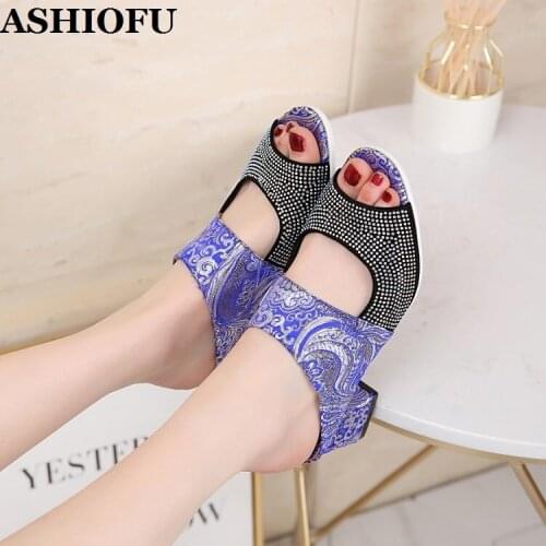 ASHIOFU Hot Sale New Style Fashion Rhinestone Chunky Heel Sandals Patchwork Sexy Party Prom Shoes Evening Fashion Sandals Shoes