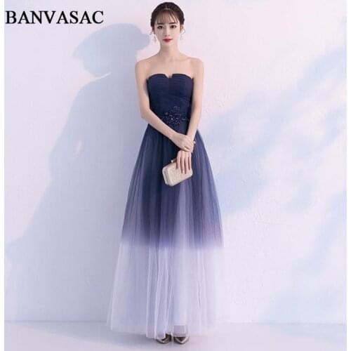 BANVASAC 2019 Pleat Strapless Crystal Appliques A Line Long Evening Dresses Party Off The Shoulder Backless Prom Gowns