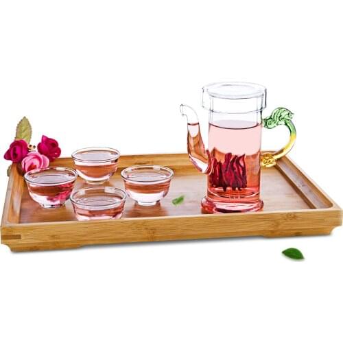 Exotic Handle Small Teapot w/ Filter & 4PC Small Glass Bowls & Bamboo Tray