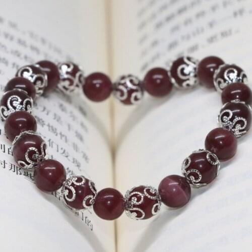 Factory outlet purple 8mm round opal cat eyes silver-plated spacer beads bracelets girls gift jewelry 7.5inch B2167