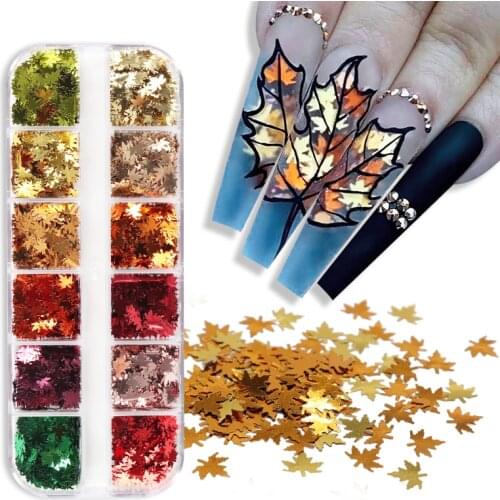 12 Grids Holographic Maple Leaf Nail Sequin Laser Colorful Glitter Flakes Manicure Design Autumn Nail Art Decoration Accessories