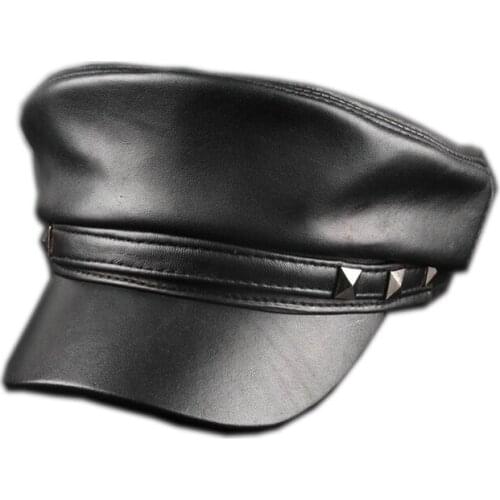 Harppihop*2018 Spring Sheepskin Hats Genuine Leather Casual Thermal Men Military Hat Short Brim Cadet Adult Cap Women