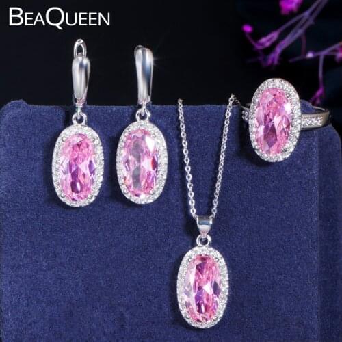 BeaQueen Romantic Oval Pink Sapphire Cubic Zircon 3pcs 925 Silver Earrings Necklace Ring Party Jewelry Sets for Women Gift JS073