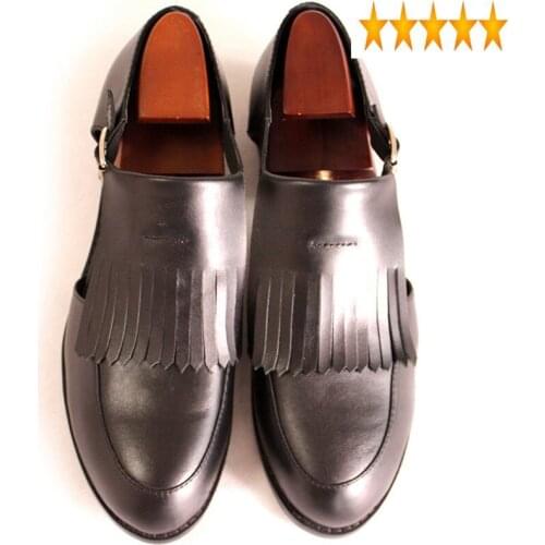 Tassels British Men Genuine Retro Leather Dress Shoes Buckle Hollow Block Low Heels Summer Sandals Business Party Wedding Sandal