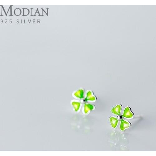 MODIAN Minimalist Plant Stud Earring for Women Pure 925 Sterling Silver Green Enamel Four-Leaf Clover Ear Pin Fine Jewelry Gift