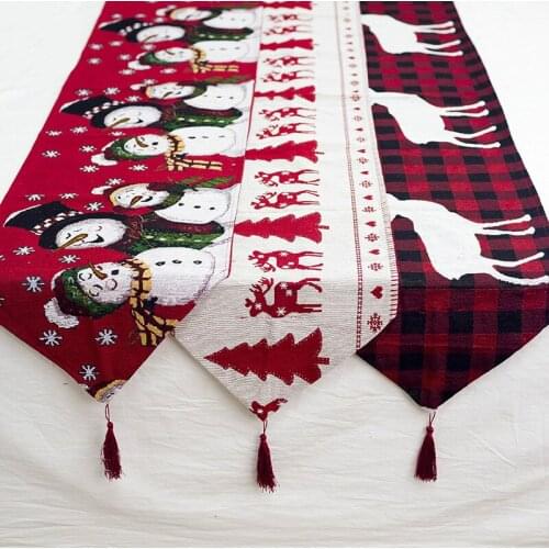 Cartoon Christmas Tree Elk Snowman Printing Linen Embroidery Tablecloth Creative Xmas Coffee Tea Table Ornament New Years Decor