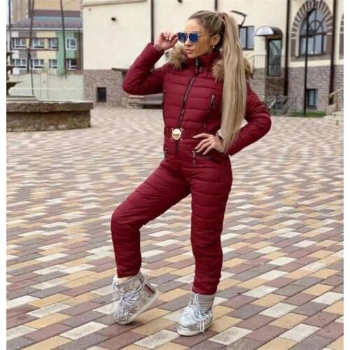 Outdoor Spor Winter Womens Hooded Jumpsuits Parka Cotton Padded Warm Sashes Ski Suit Straight Zipper One Piece Casual Tracksuit