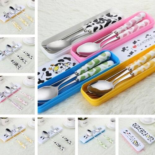 Baby Kids Cute Fork Spoon Cutlery Set Cartoon Ceramic Handle Stainless Steel Children Chopsticks Fork Cutlery Portable Tableware