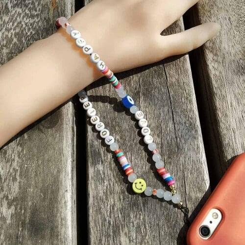 New Mobile Phone Rainbow Beads Crystal Beads Chain For Phone Smile Chains 2021 LOVE FOREVER HAPPY Letter String Wristband