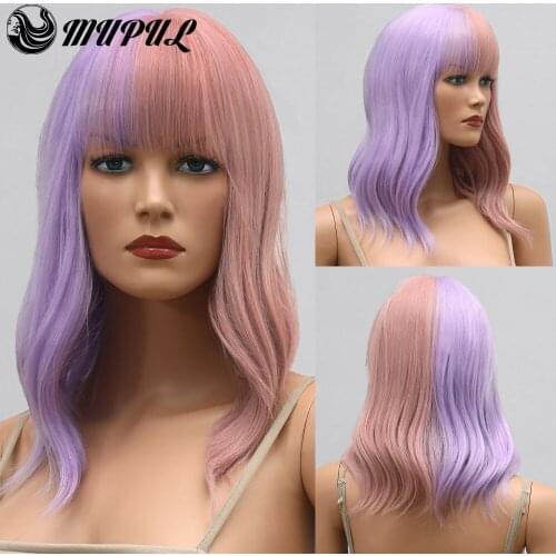 Half Purple Pink Medium Wavy Hair Cosplay Natural Fiber Synthetic With Bangs Wig For White Women Daily Female Heat Resistant Wig