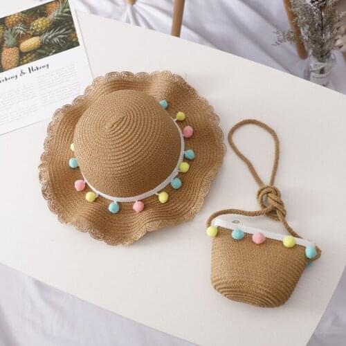 Kids Girls Large Wide Brim Straw Woven Sun Protection Beach Hat Colorful Pompom Ball Summer Floppy Bucket Cap Portable Handbag