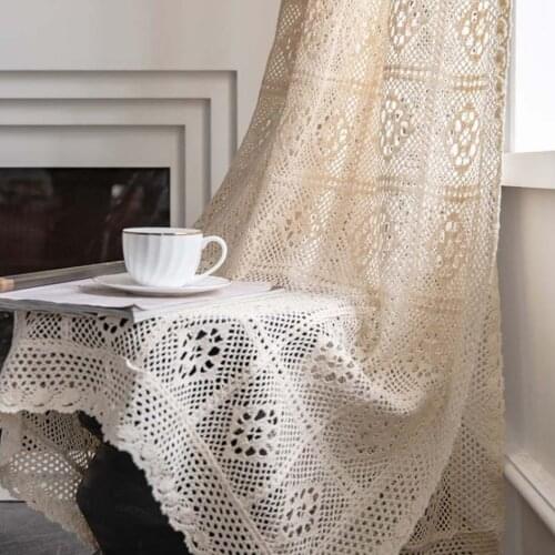 Beige Retro Transparent Hollow Curtain Crochet Hook Flower North American Country Fabric French Window Simple Curtain Decoration