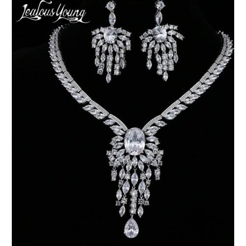 Luxury Marquise Cubic Zicon Bridal Jewelry Sets For Women Earrings & Necklace White Gold Color African Beads Jewelry Set AS151
