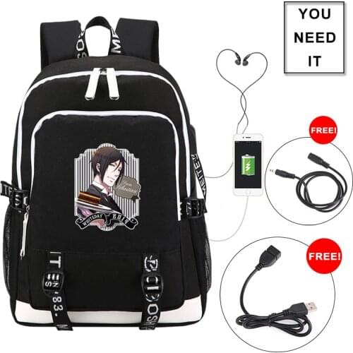 Kuroshitsuji Black Butler Printing Backpack USB Charging Laptop Backpack Canvas School Bags for Teenage Girls Men Travel Bags