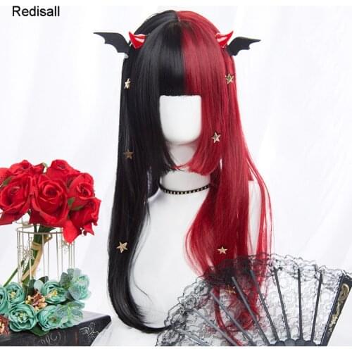 Mixed Red Black Lolita Wig Harajuku Cool Long Straight Cute Sweet Synthetic Hair Fringe Bangs Adult Girls