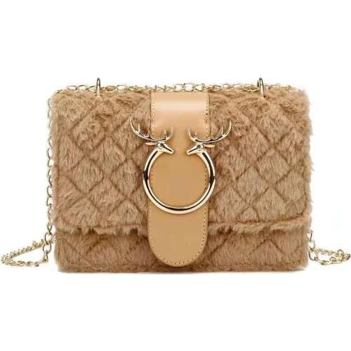 Stylish Women Square Shoulder Bag, Deer Head Pattern Plush Crossbody with Chain Strap (Black, White, Khaki)