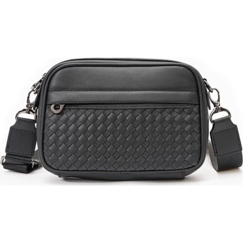Mens Messenger Bag Leather Woven Purse Mini Shoulder Crossbody Bags for Men Handbags High Quality Zipper Black Male Flap Bag