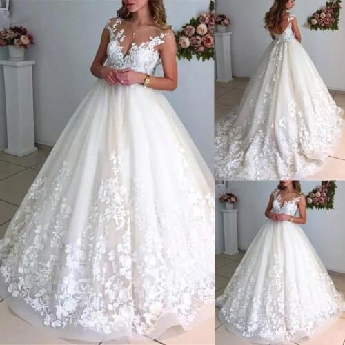 Wedding Dresses 2021 Elegant Ball Gown Illusion Scoop Sleeveless V Back Exquisite Lace Appliques Bridal Gowns Vestidos De Noiva