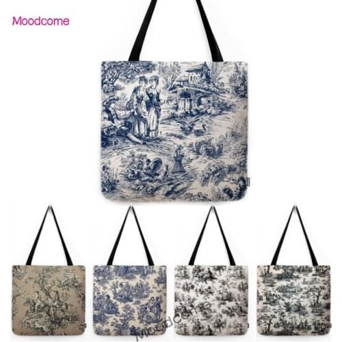 Navy Blue Black White Newspaper Poster Style Toile De Jouy Motif Pattern Vintage Water Resistant Linen Tote Bag Shoulder Bag