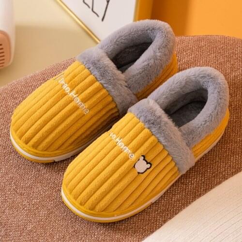 Womens Home Slippers Winter Indoor Warm Fur Couples Cottons Shoes Corduroy Striped Leisure Flat Heel House Female Footwear