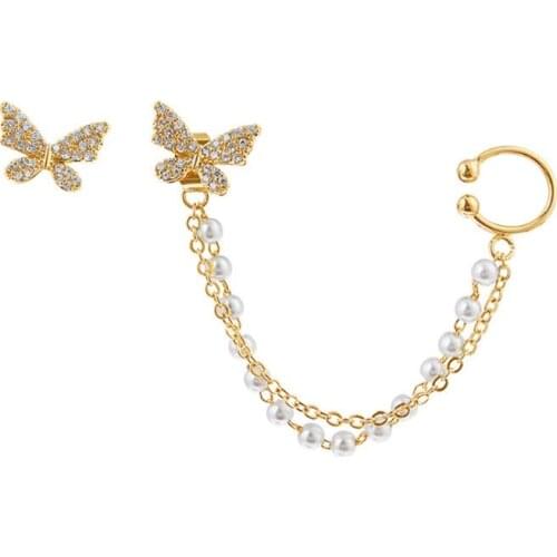 Butterfly Stud Earrings Rhinestone Tassel Threader Chain Dangling Drop Earring