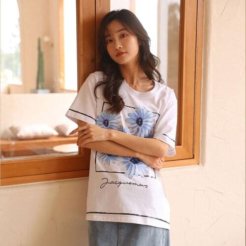 Blue Baisy Pint Loose Cotton Top Womens Summer 2021 New White T-shirt Fashion Loose And Casual Lady Clothing
